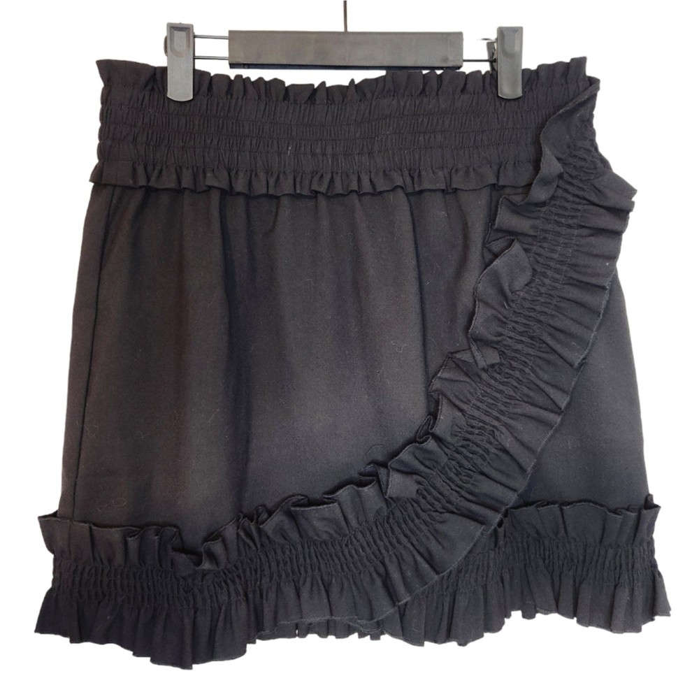 Monki Black Ruffle Detail Elastic Waist Mini Skirt Size Large