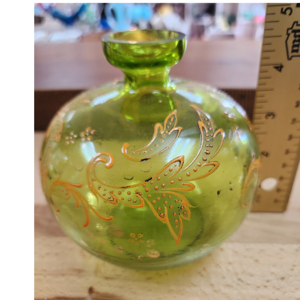 Green Glass Vase 4 Inch Decorative Glossy Finish Gold Floral Art Glass Vase