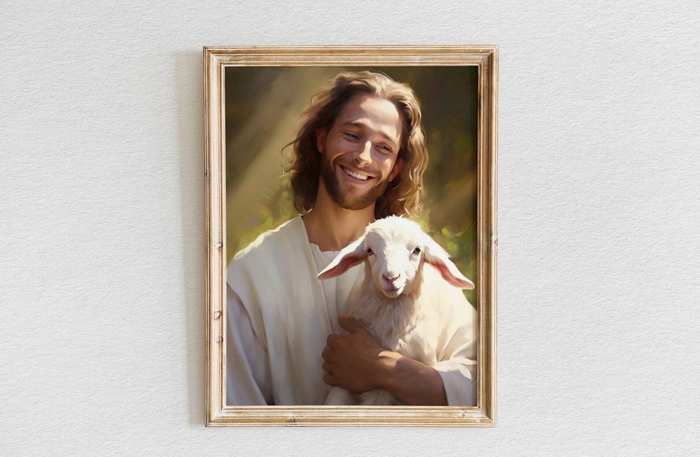 Smiling Jesus With A Lamb Oil Painting Jesus Wall Art Christian Wall Art Jesus