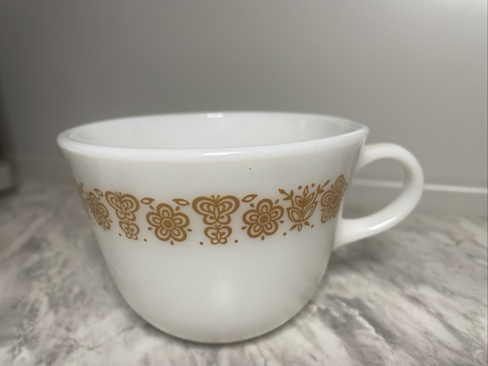 Vintage Pyrex Corning Corelle Milk Glass Butterfly Gold & Flower Coffee Tea Cup
