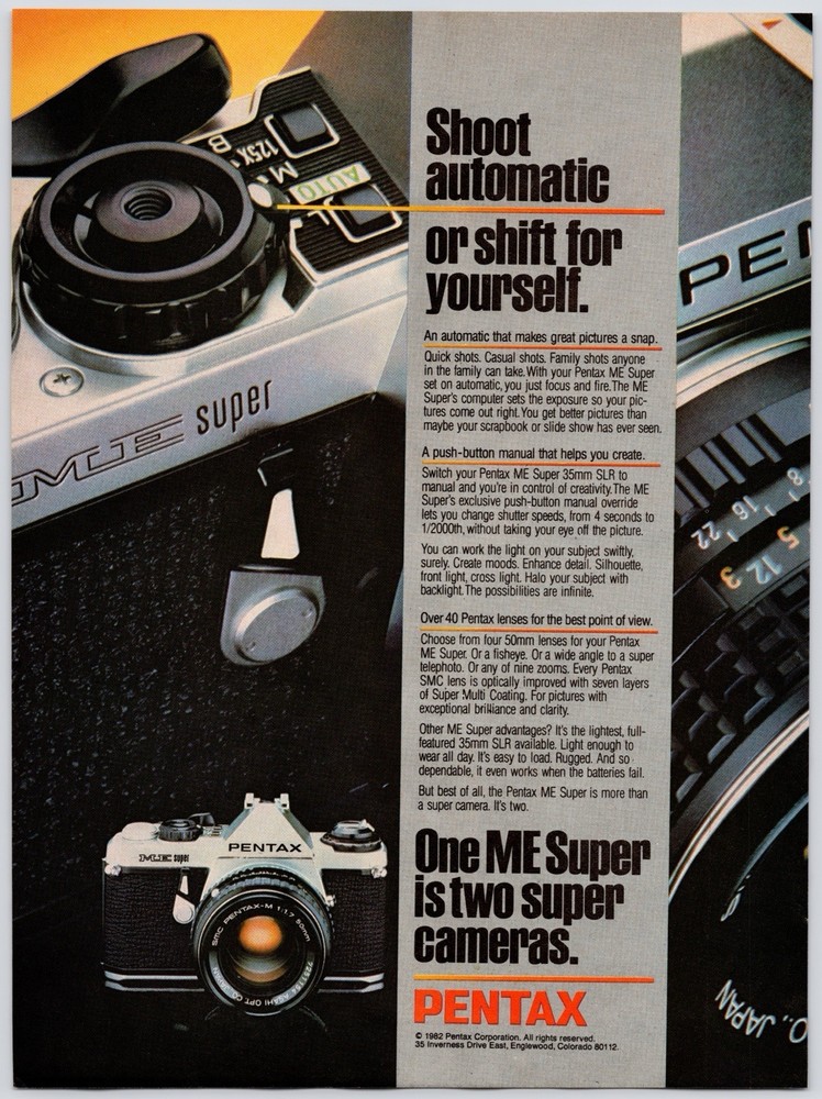 1982 Pentax ME Super 35mm SLR Film Photo Camera Lens Wall Art Vintage Print Ad