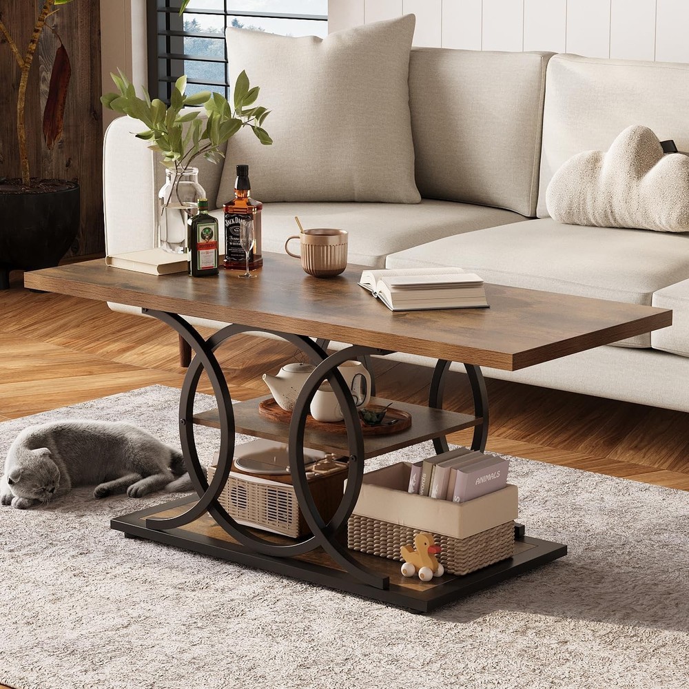 Rustic Coffee Table W/ Storage Industrial 3 Tier Center Living Room Table Brown