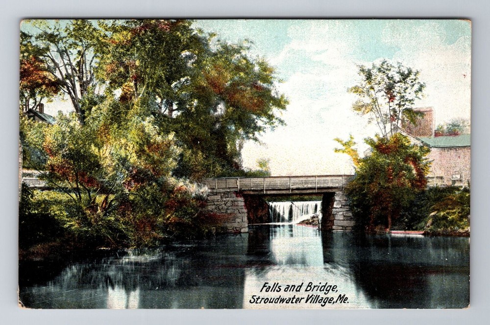 Stroudwater Village ME-Maine, Falls And Bridge, Antique Vintage Postcard