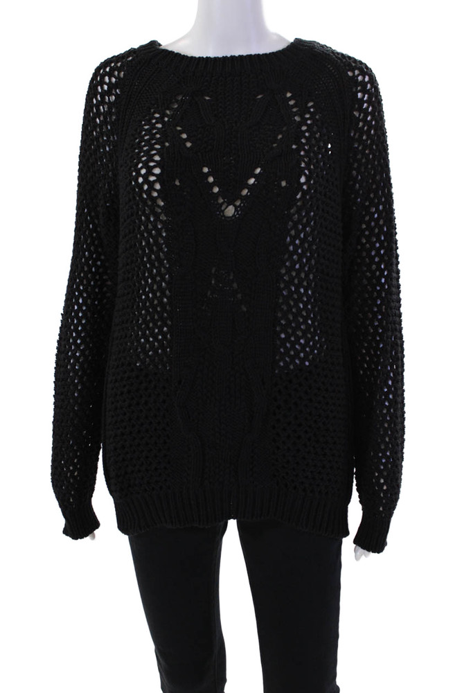 Athe Womens Long Sleeve Scoop Neck Open Knit Sweater Black Cotton Size 1Free Shipping in US $100+ Orders | $6.95 Orders Below
