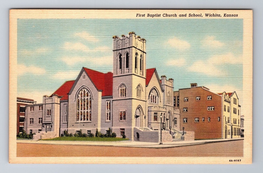 Wichita KS-Kansas, First Baptist Church and School, Antique Vintage Postcard