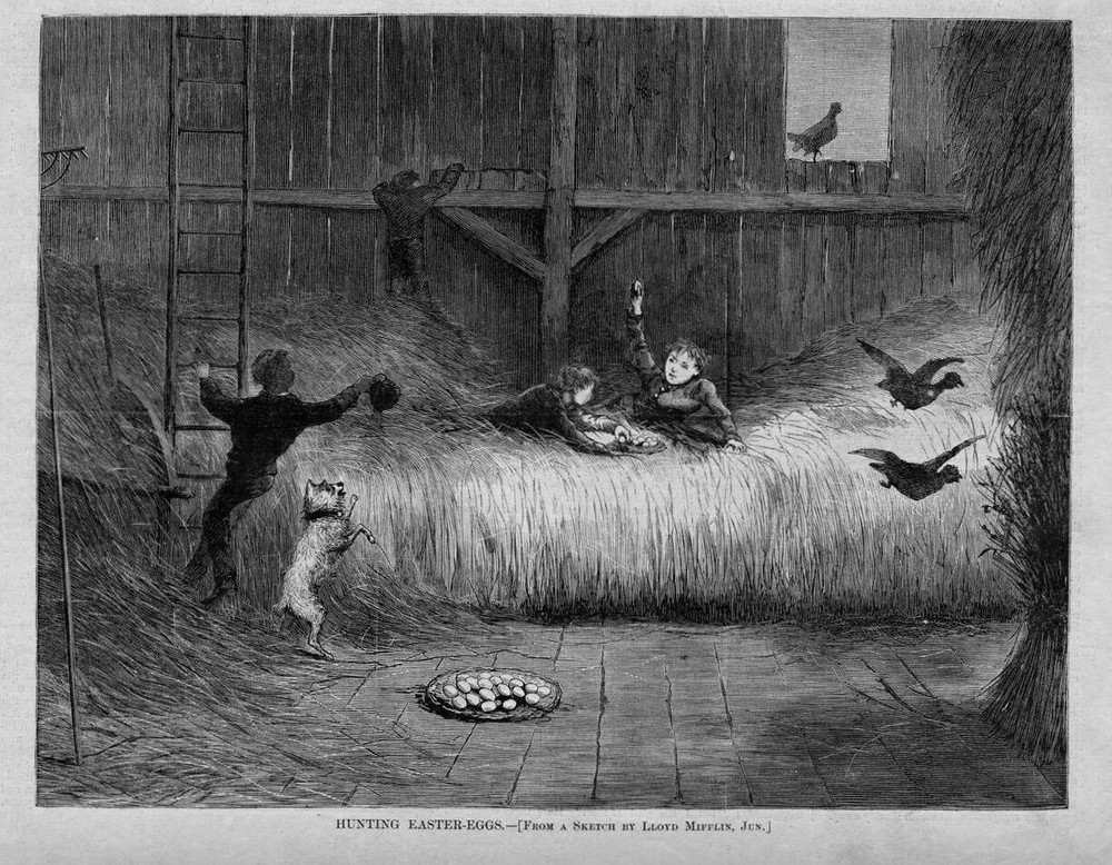 HUNTING FOR EASTER EGGS CHILDREN IN HAYLOFT BARN EASTER EGG HUNTING CHICKENS DOG