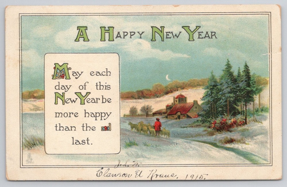 1915 Raphael Tuck New Year Postcard Hamilton OH Winter Landscape Sheep Saxony