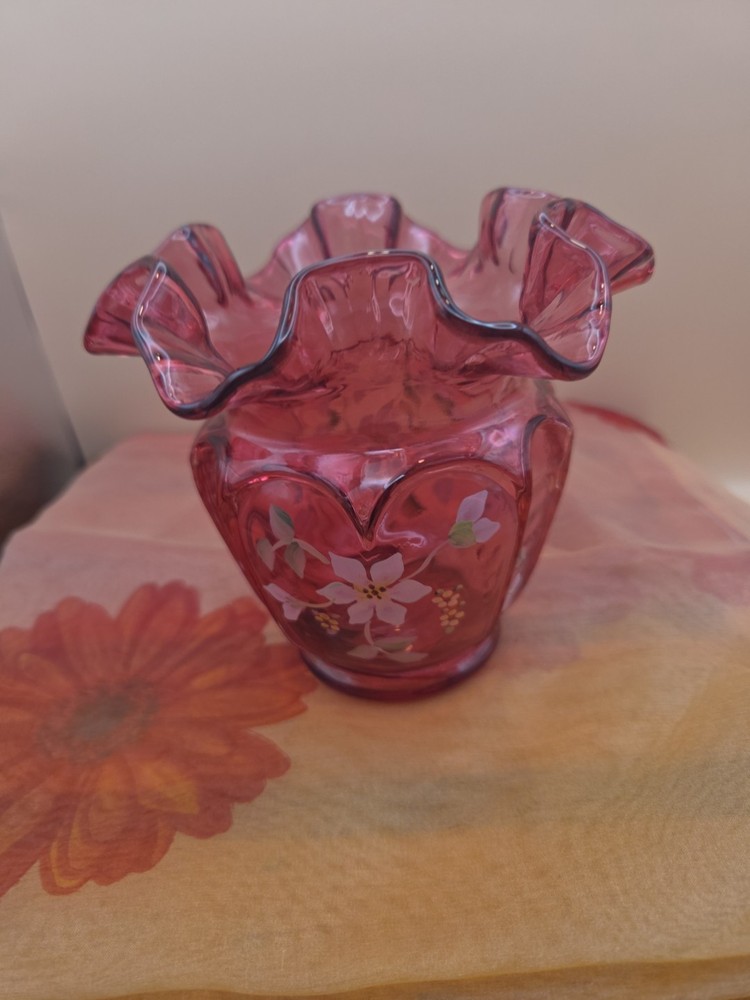 Fenton Cranberry Glass Ruffled Vase Hand Painted Signed P. Fleck - 1990s