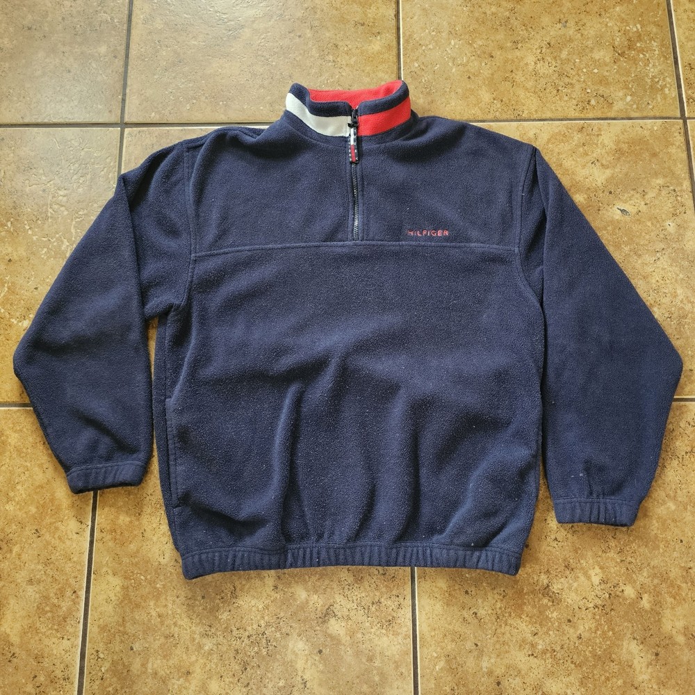 Vintage Tommy Hilfiger Fleece Blue Red Box Logo 1/4 Zip Sweater Men's Medium
