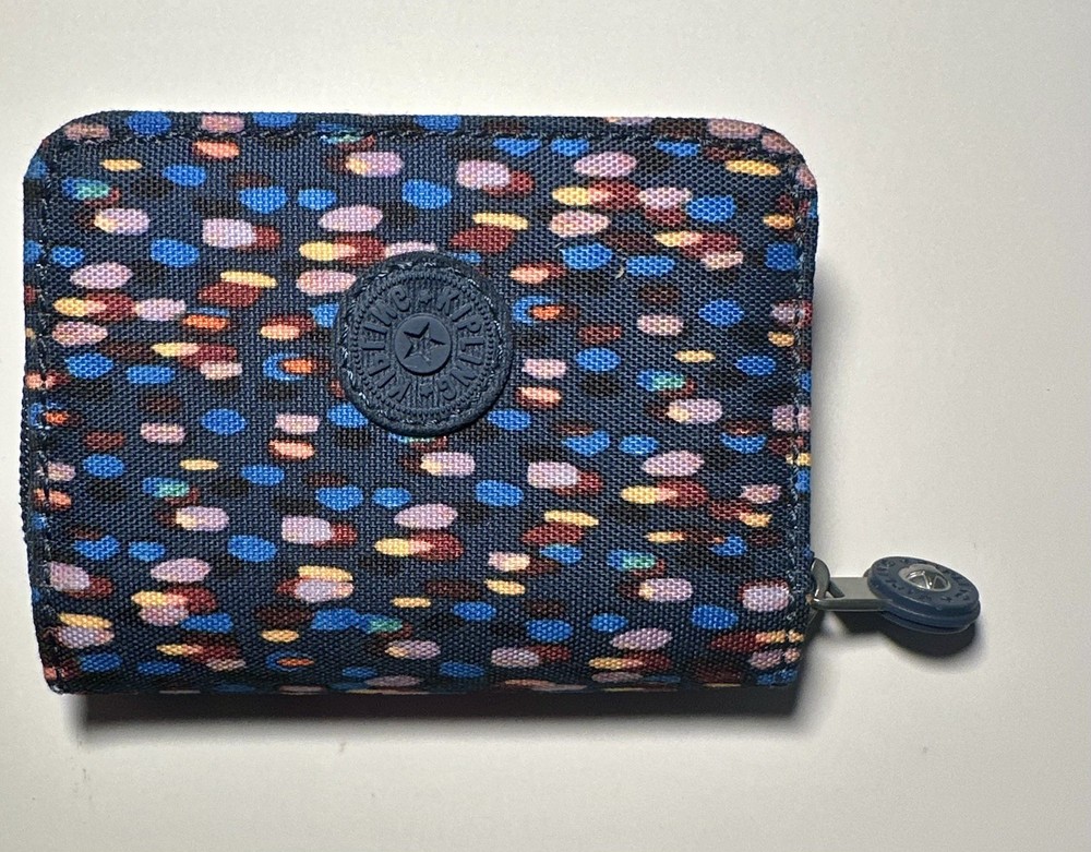 Kipling Zip Around Small Wallet Party Dots Navy Blue Multicolor Print Polyester