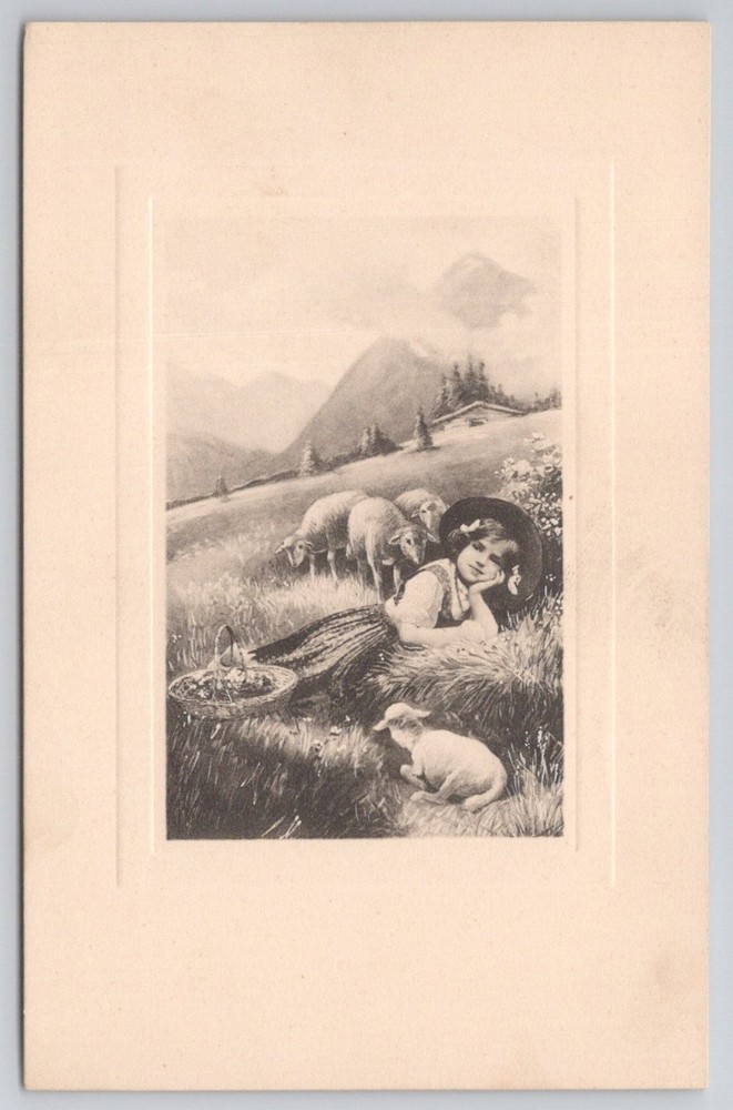 Vintage German Art Postcard Shepherdess Girl Lambs Mountains Critchisonno 1878