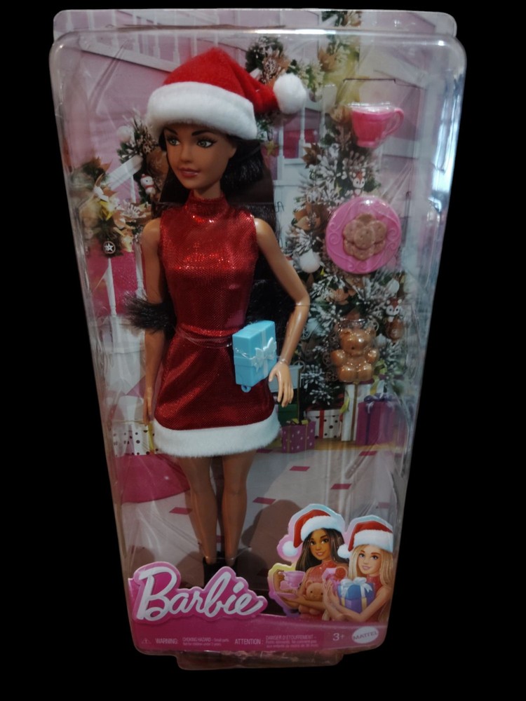 Barbie Santa Doll Holiday Red Dress & Hat w/ Accessories Brown Hair 2022 NEW
