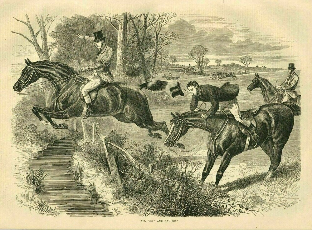 Hunting Fox Hunters On Horseback Jumping Fence And Stream Only Some Successful
