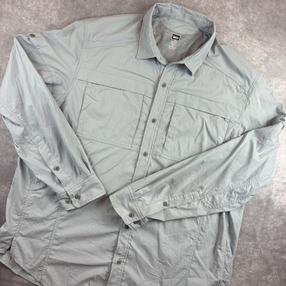 REI Shirt Mens XL Gray Outdoor Stretch Nylon Hiking Vented Button Long Sleeve