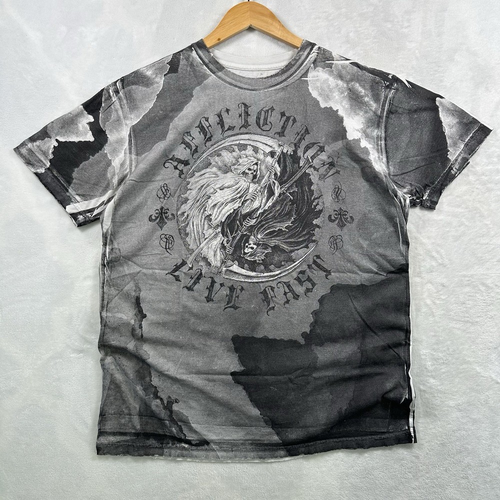 Vintage Affliction Shirt Mens Size XL Gray Y2K Skull Reaper Grunge Emo Goth Tee