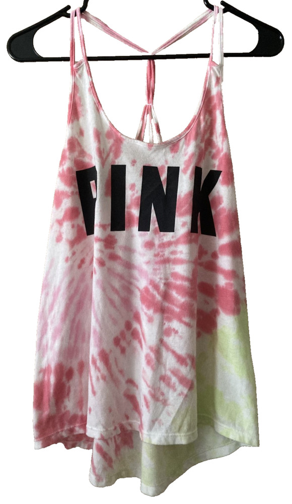 Victoria's Secret PINK Tie Dye Tank Top Pink/White/Neon Green Criss Cross M