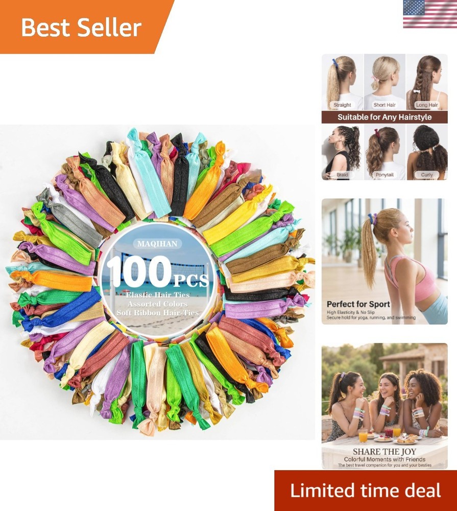 100 PCS Elastic No Crease Soft Ribbon Hair Ties - 20 Colors for Women and Girls
