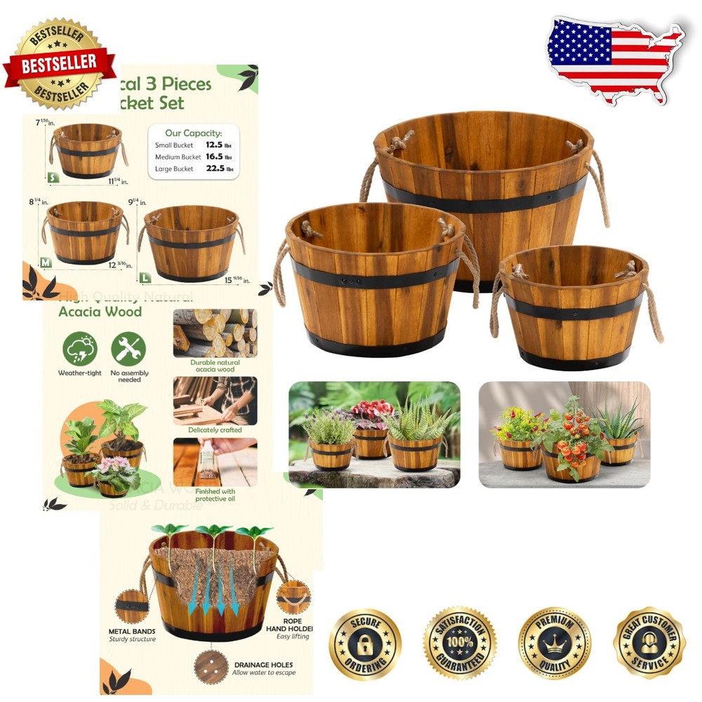 Acacia Wood Flower Boxes - Set of 3 Stylish Planters with Handles & Drainage-image