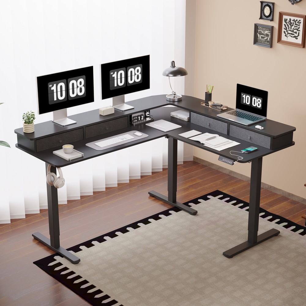 FunniHomi L Shaped Standing Desk with Shelf, Drawers, USB Charging Port