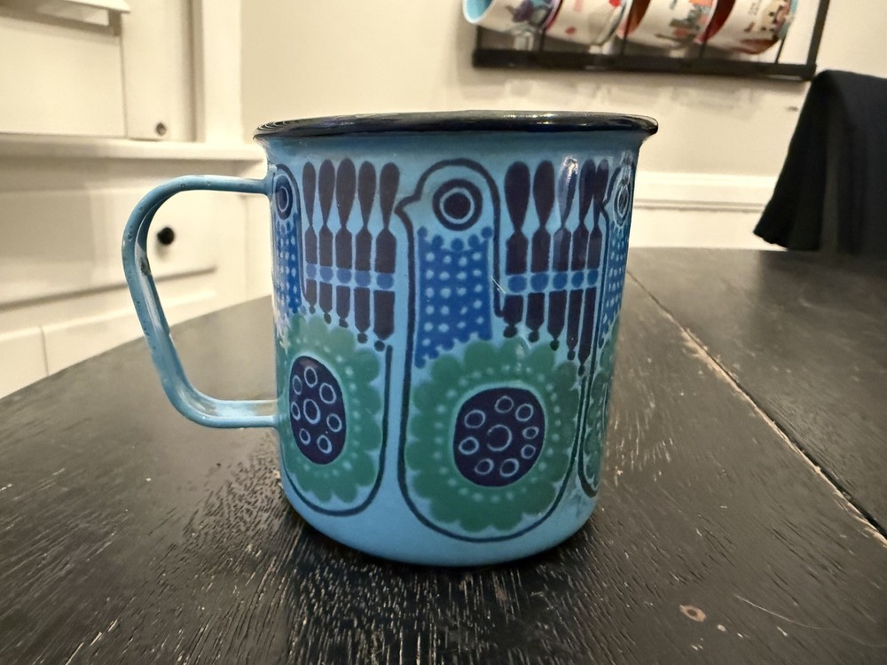 Finel Blue Lintu Bird Enameled Coffee Mug MCM Vintage 60s enamel