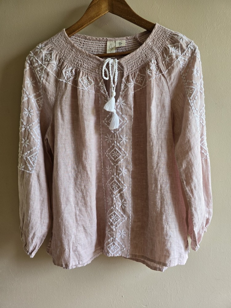 Women's J Jole 100% Linen Pink Long Sleeve Embroidered Floral Blouse Sz S