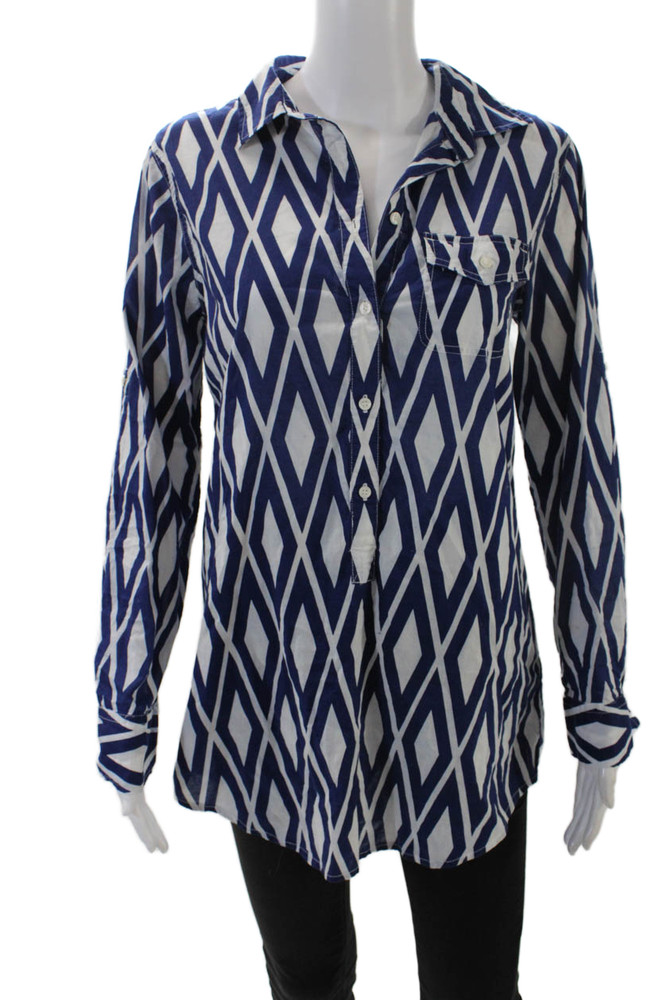 J Crew Womens Geometric Print Button Down Shirt Blue White Cotton Size SmallFree Shipping in US $100+ Orders | $6.95 Orders Below