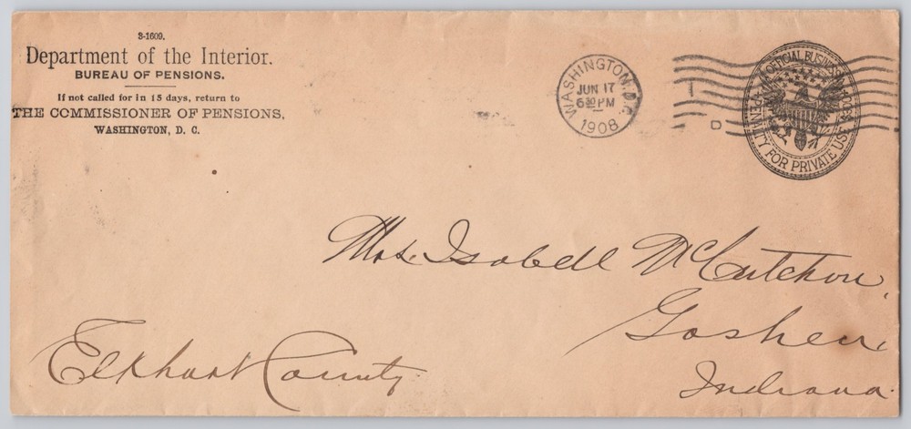 Washington DC Dept. of Interior — Bureau Pensions official, 1908 — $300