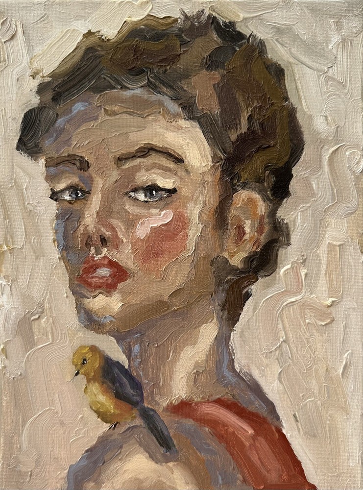 Original Abstract Oil Painting Woman with Bird Portrait Art-image
