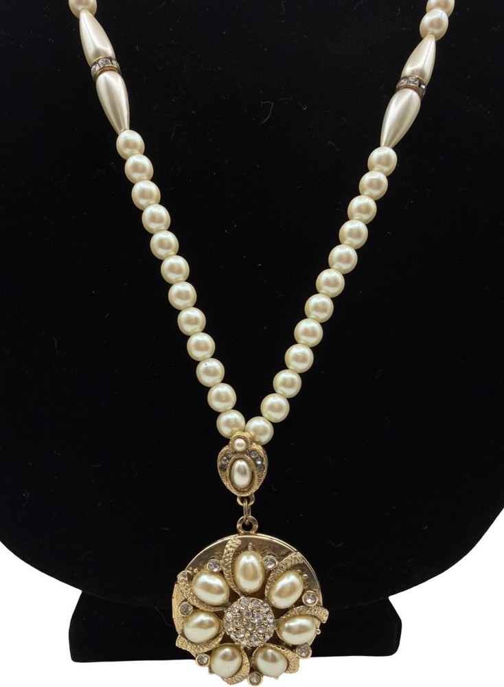 Vintage 1928 Faux Pearl Locket Necklace Rhinestone Floral Pendant Gold Tone