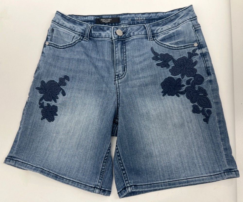 Simply Vera Wang Denim Jean Shorts Women's 10 Mid-Rise Floral Embroidered  (V10)