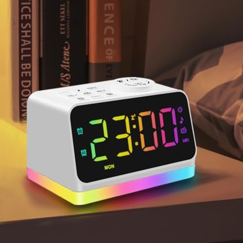 Digital Alarm Clock with FM Radio for Bedroom, 8 Colors White With Rgb Font