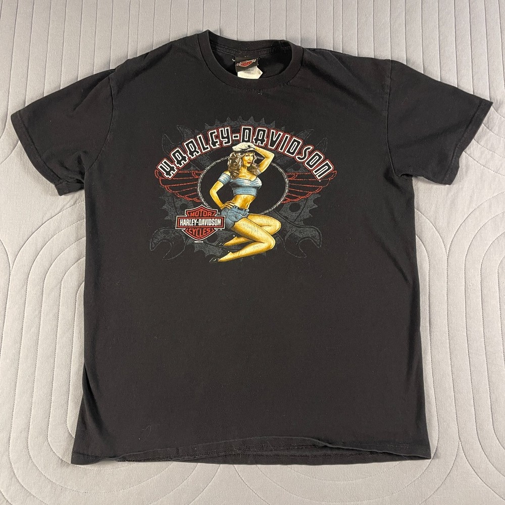 VTG Harley Davidson Twin Cities HD Shirt Mens L Black Pin Up Graphic Motorcycle