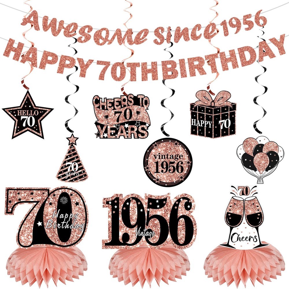 Kuxriox 11Pcs 70th Birthday Decorations Kit for Women, Rose Gold