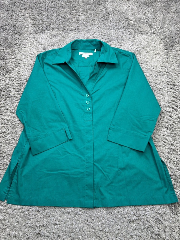 Foxcroft Top Women 18 Petite Teal 3/4 Sleeve Pleated Vented Wrinkle Free Tunic