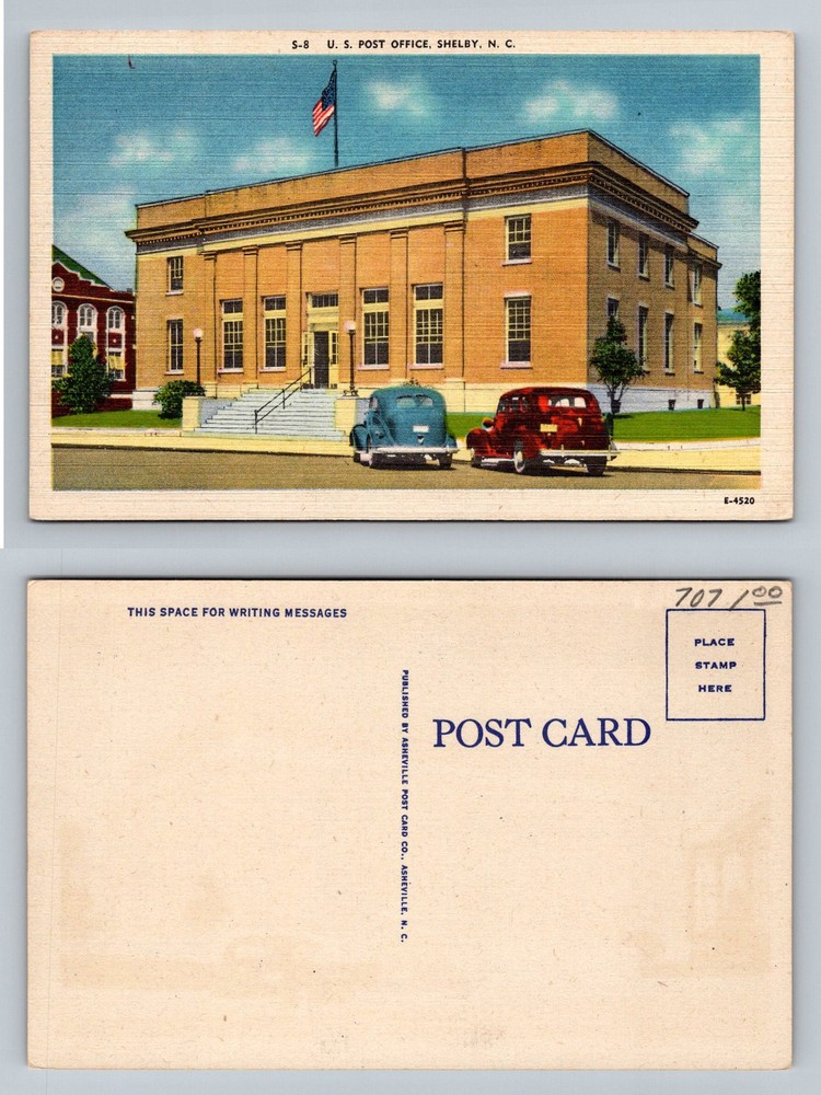 Shelby, NC-North Carolina, U.S. Post Office Building Flag Cars Vintage Postcard