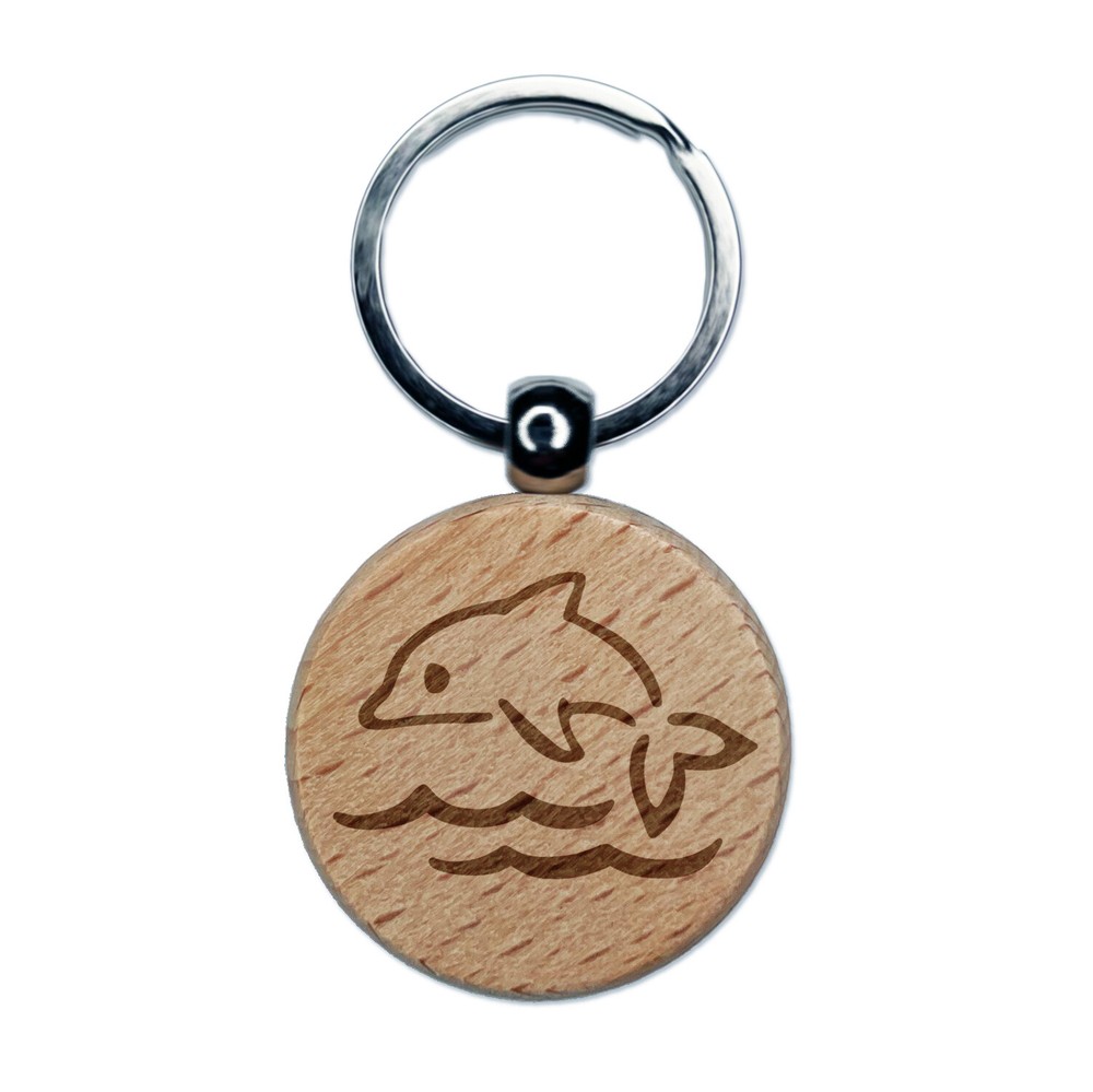 Jumping Dolphin Ocean Waves Engraved Wooden Keychain Charm  