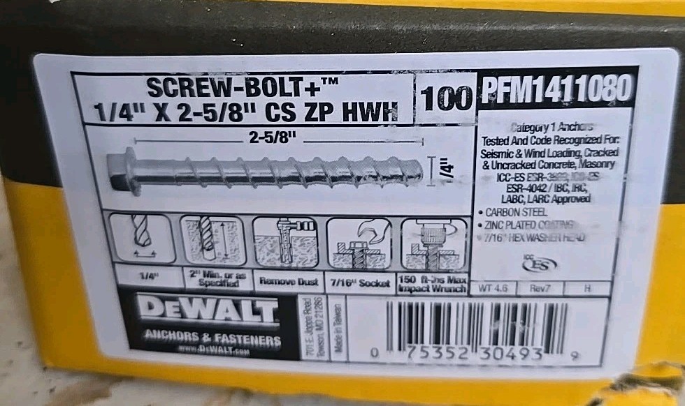 DeWalt 1/4 x 2-5/8 Concrete Screw Anchors PFM1411080 - 100 Pack