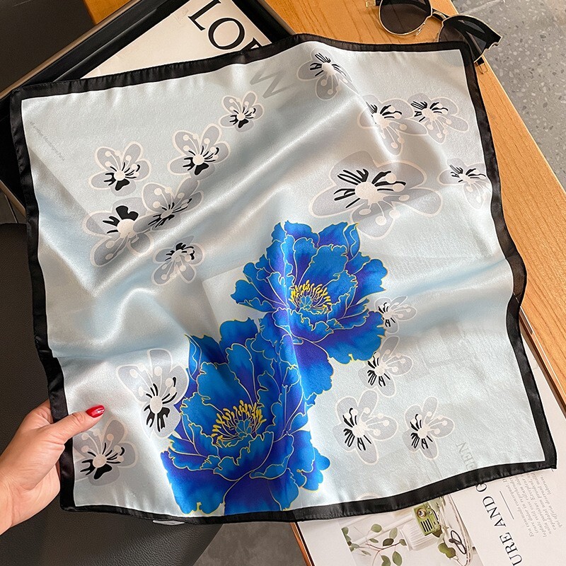 100% Mulberry Silk 20-Inch Square Scarf for Women in White Blue Peony Pattern