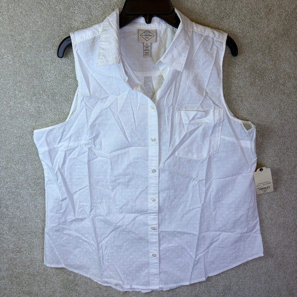 St John's Bay Classic Shirt Womens XL White Clip Dot Sleeveless Button Up Cotton