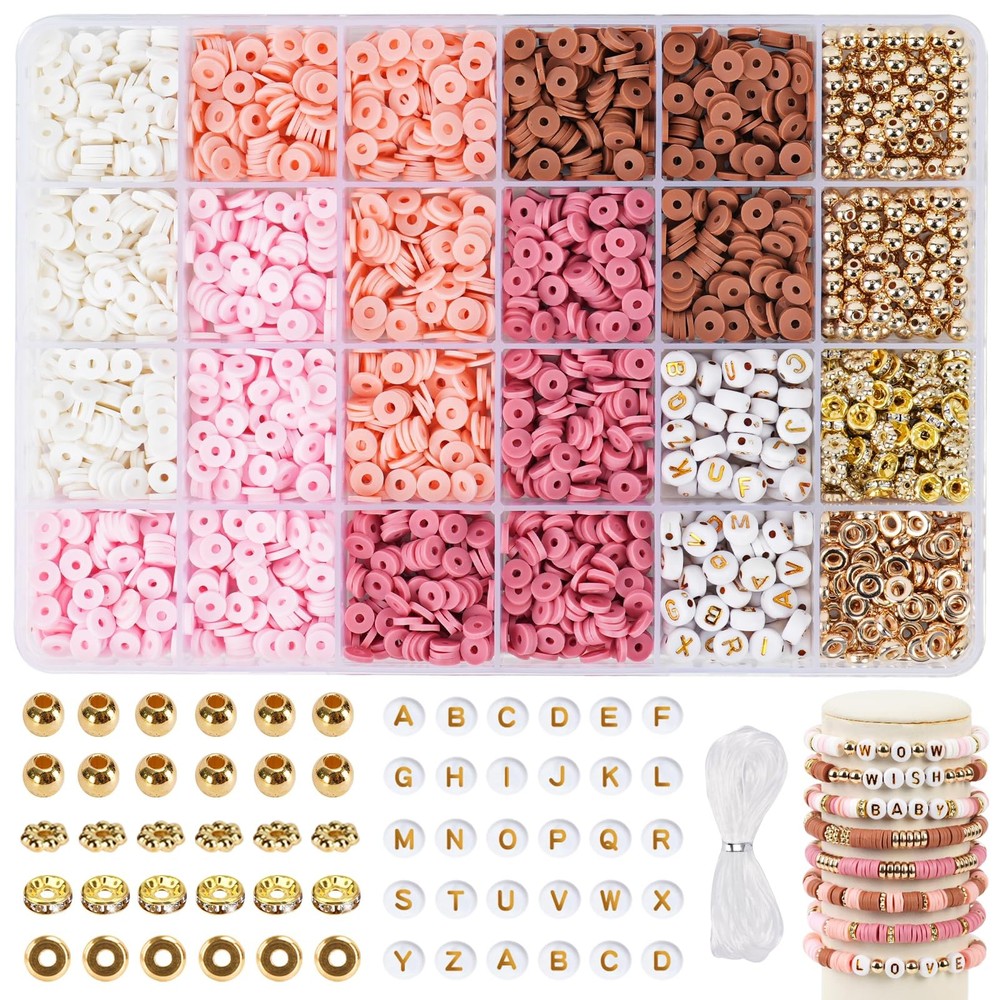 QUEFE Pink Friendship Bracelet Kit with 2850 Flat Clay Beads and More