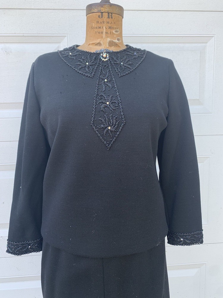 Vtg St Moritz c.1960's Black Knit Glass Bead Embellished Top Skirt