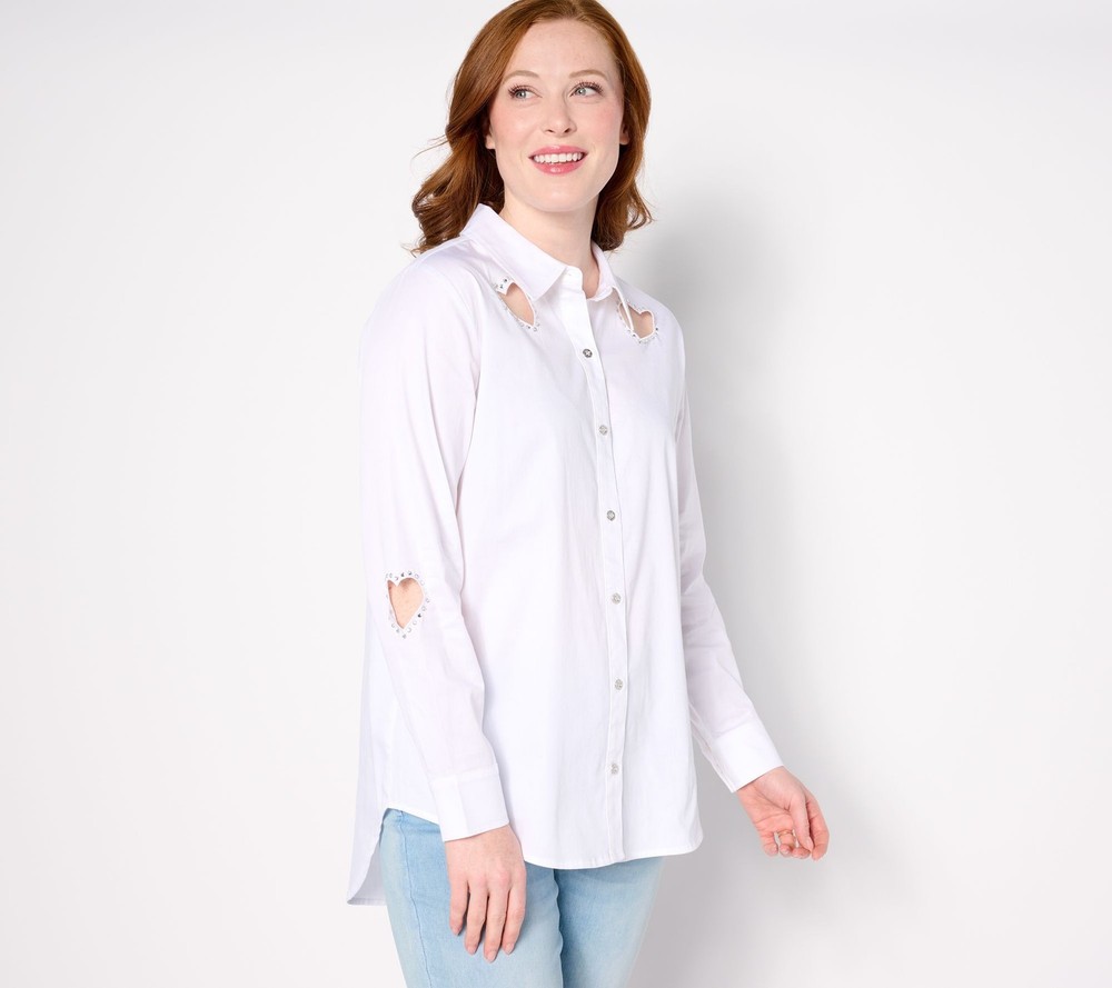 Women with Control Women's Top Sz L Woven Heart Cutout Button White A631295