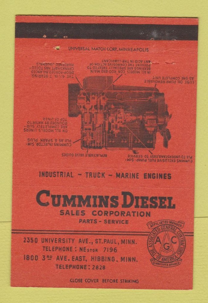 Matchbook Cover - Cummins Diesel Sales Hibbing St Paul MN 40 Strike