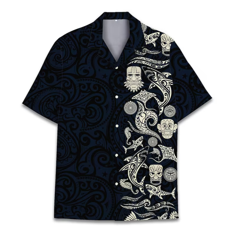 Mens Aloha Shark Tiki Ocean Beach Surfing Tropical Hawaiian Shirt