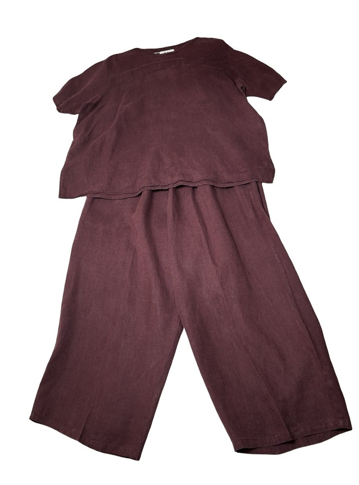 Flax Jeanne Engelhart 2pc Pants Top Set Size M Maroon Short Sleeve Wide Leg READ