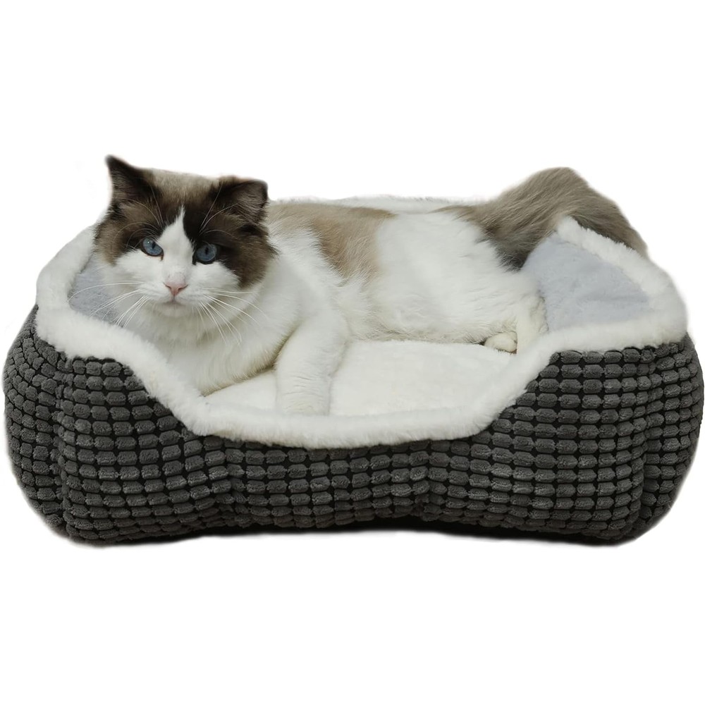 Soft Washable Anti-Slip Square Grey Pet Bed for Cats & Dogs
