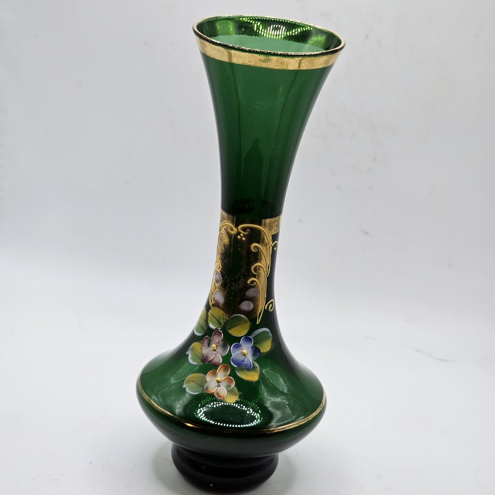 Original Arnart Creation Green Glass Vase With Hand Painted Floral Design Japan