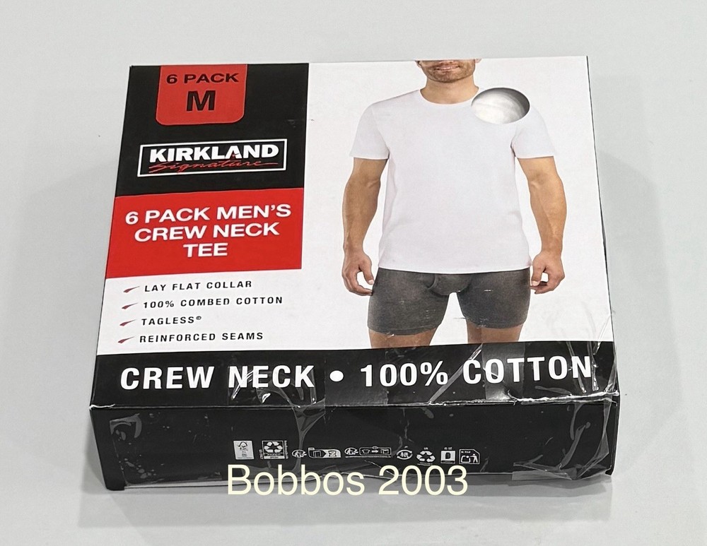 Kirkland Signature Men's 6-Pack Crew Neck Lightweight Tee, White, Size M