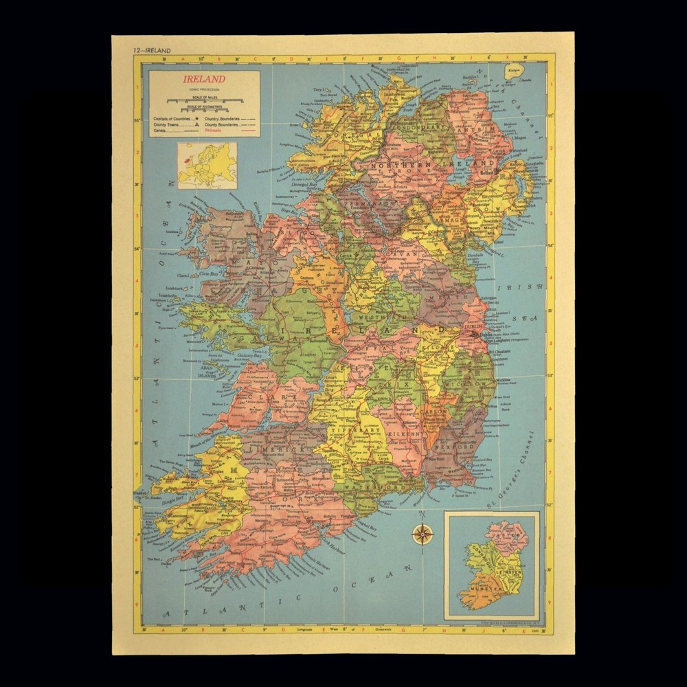 Vintage IRELAND Map Wall Art Decor Railroad Original Belfast Limerick Dublin