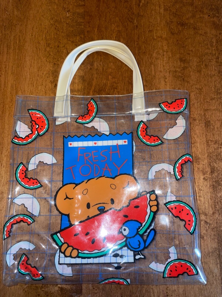 1986 Vintage Sanrio Clear Vinyl Plastic Tote Bag Purse Teddy Bear Watermelon